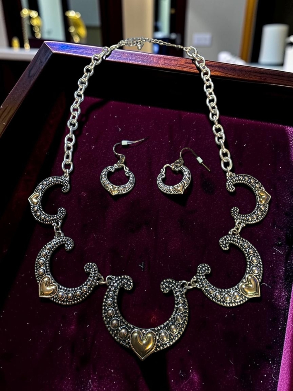 Vintage Silver  Beaded Crescent Gold Heart Necklace Earrings Set